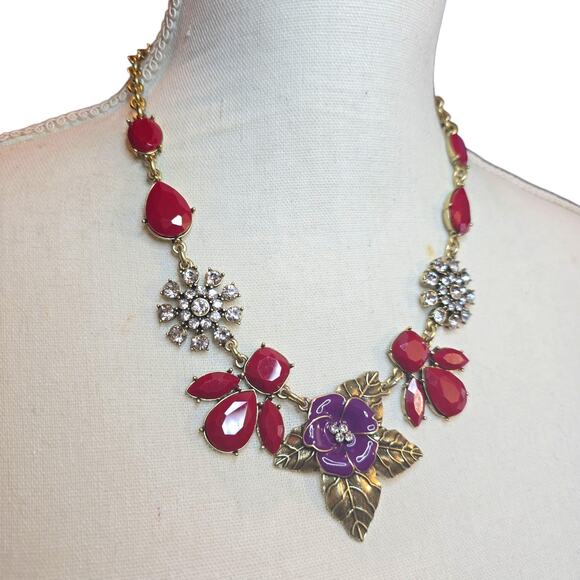 Floral Necklace The Delta Box Statement Red Purple Rhinestone Gold Tone Bib - Picture 2 of 9